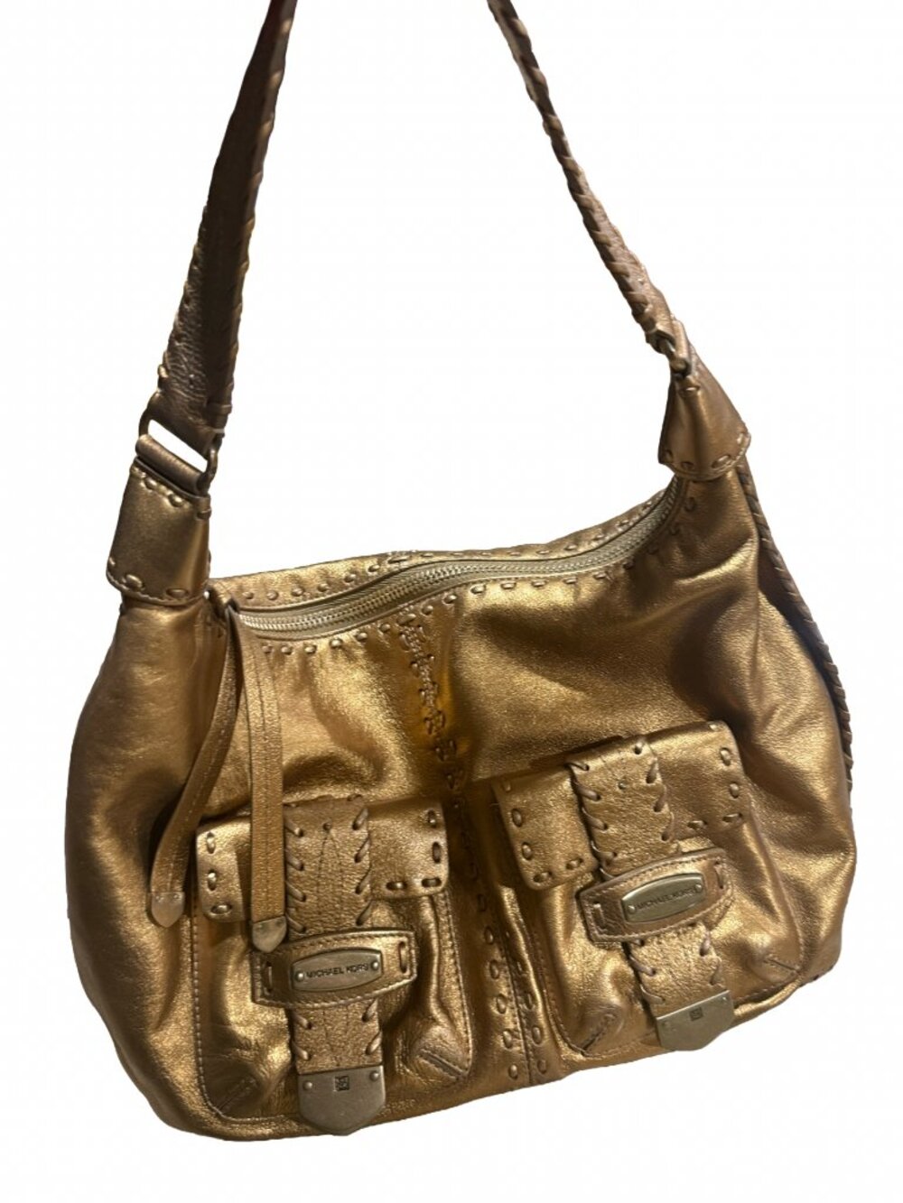 Michael Kors Metallic Gold Leather Whipstitch Hobo Shoulder Bag Dust Bag